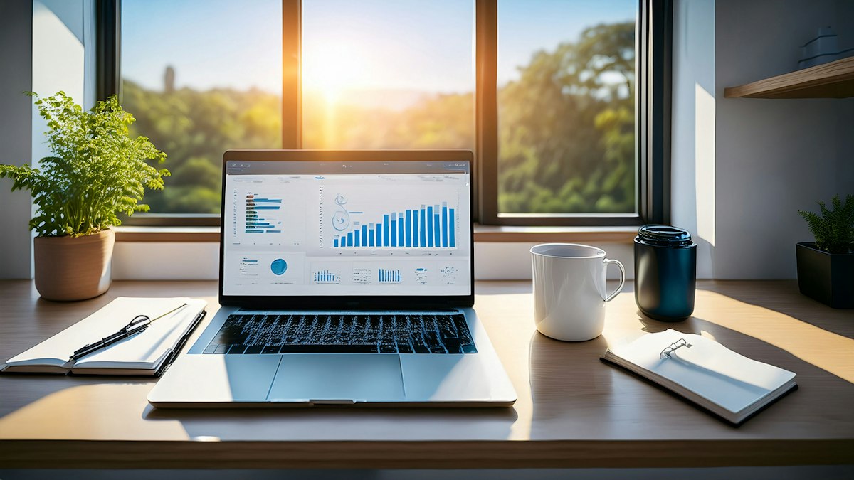 A laptop showing charts on a desk by a sunny window