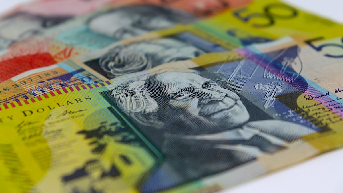 A close-up of Australian $50 notes