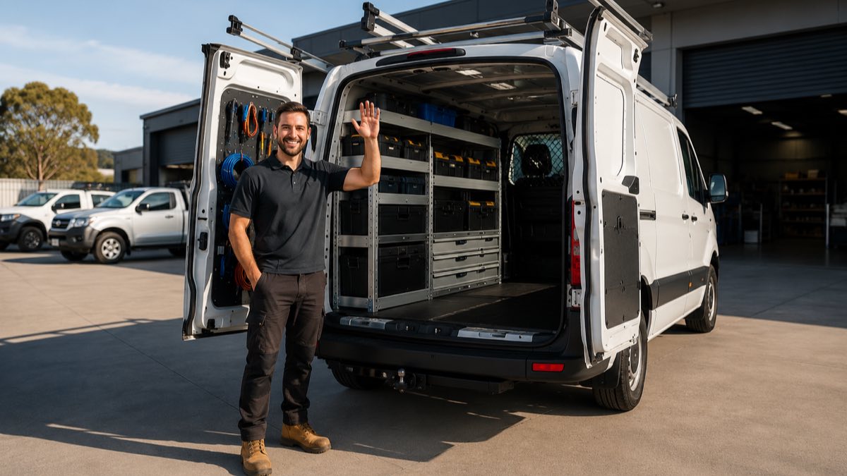 A fitted-out work van with shelving, drawers and roof racks outside a workshop